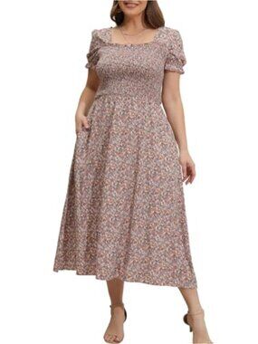 Plus Size Smocked Midi Dress with Pockets - Puff Sleeve Square Neck Casual